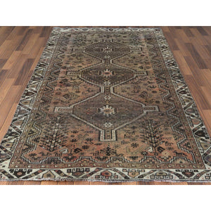 4'8"x7'7" Tan Color Vintage Persian Shiraz With Triple Medallion Design Distressed Look Clean Hand Knotted Pure Wool Oriental Rug FWR363450