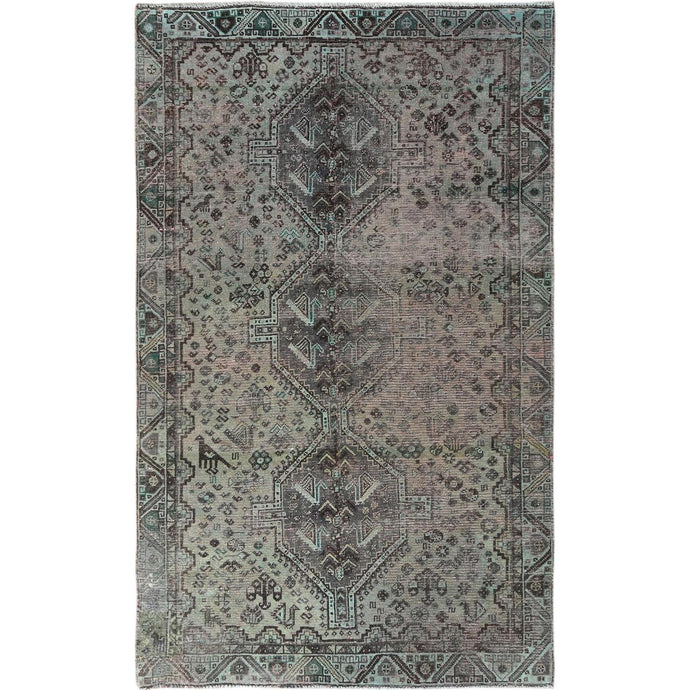 5'x8' Semi Antique Gray Persian Shiraz With Triple Medallion Worn Down Distressed Hand Knotted Natural Wool Oriental Rug FWR363594