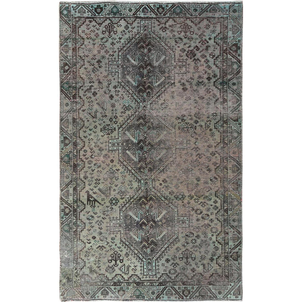 5'x8' Semi Antique Gray Persian Shiraz With Triple Medallion Worn Down Distressed Hand Knotted Natural Wool Oriental Rug FWR363594