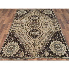 Load image into Gallery viewer, 4&#39;9&quot;x7&#39;3&quot; Vintage Beige Persian Shiraz With Triple Medallion Worn Down Clean Distressed Hand Knotted Natural Wool Oriental Rug FWR363654
