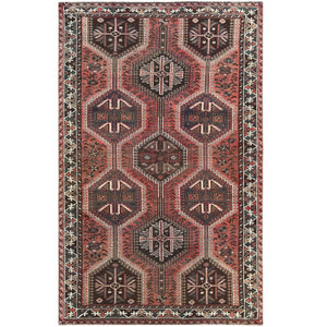 4'9"x7'8" Vintage Red Persian Qashqai Cropped Thin Pile Clean Hand Knotted Natural Wool Oriental Rug FWR363690