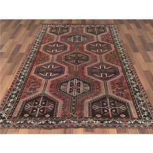 4'9"x7'8" Vintage Red Persian Qashqai Cropped Thin Pile Clean Hand Knotted Natural Wool Oriental Rug FWR363690