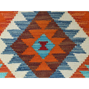 2'1"x3'1" Orange Geometric Design Afghan Kilim Reversible Soft And Supple Wool Hand Woven Oriental Rug FWR363966