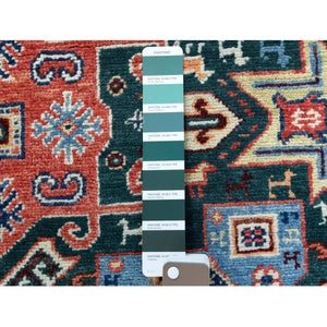 3'9"x5'6" Dark Green Geometric Design Special Kazak Hand Knotted Organic Wool Oriental Rug FWR364440