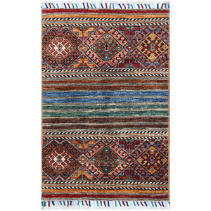 2'1"x3'1" Brown Super Kazak Khorjin Design With Colorful Tassles Shiny and Vibrant Wool Hand Knotted Oriental Rug FWR364872