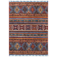 Load image into Gallery viewer, 3&#39;5&quot;x5&#39; Colorful Super Kazak Khorjin Design With Colorful Tassles Pure Afghan Wool Hand Knotted Ethnic Oriental Rug FWR365004