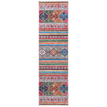 Load image into Gallery viewer, 2&#39;9&quot;x9&#39;8&quot; Colorful Super Kazak Khorjin Design With Colorful Tassles Vibrant Wool Hand Knotted Oriental Runner Rug FWR365052