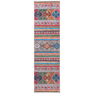2'9"x9'8" Colorful Super Kazak Khorjin Design With Colorful Tassles Vibrant Wool Hand Knotted Oriental Runner Rug FWR365052