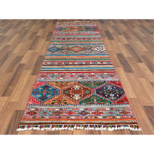 Load image into Gallery viewer, 2&#39;9&quot;x9&#39;8&quot; Colorful Super Kazak Khorjin Design With Colorful Tassles Vibrant Wool Hand Knotted Oriental Runner Rug FWR365052