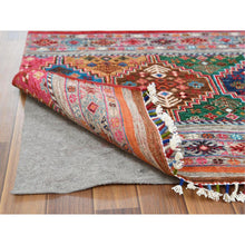 Load image into Gallery viewer, 2&#39;9&quot;x9&#39;8&quot; Colorful Super Kazak Khorjin Design With Colorful Tassles Vibrant Wool Hand Knotted Oriental Runner Rug FWR365052