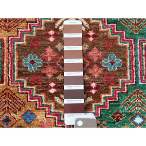 2'9"x9'8" Colorful Super Kazak Khorjin Design With Colorful Tassles Vibrant Wool Hand Knotted Oriental Runner Rug FWR365052