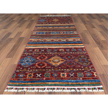 Load image into Gallery viewer, 2&#39;8&quot;x8&#39;1&quot; Red Super Kazak Khorjin Design With Colorful Tassles Soft Velvety Wool Hand Knotted Oriental Runner Rug FWR365082