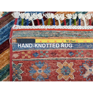 2'8"x8'1" Red Super Kazak Khorjin Design With Colorful Tassles Soft Velvety Wool Hand Knotted Oriental Runner Rug FWR365082