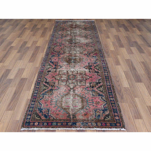 3'3"x11'3" Vintage Hand Knotted Sun-Faded Pink Persian Karajeh Sheared Low Natural Wool Clean Oriental Runner Rug FWR365514