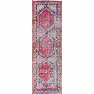3'2"x10' Semi Antique Sheared Low Natural Wool Bohemian Hot Pink Hand Knotted Clean Persian Hamadan Oriental Runner Rug FWR365862