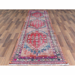 3'2"x10' Semi Antique Sheared Low Natural Wool Bohemian Hot Pink Hand Knotted Clean Persian Hamadan Oriental Runner Rug FWR365862