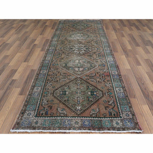 3'1"x10'9" Vintage Hand Knotted Tan Color Northwest Persian with Geometric Medallion Design Cropped Thin Pile Abrash Pure Wool Clean Oriental Runner Rug FWR366006