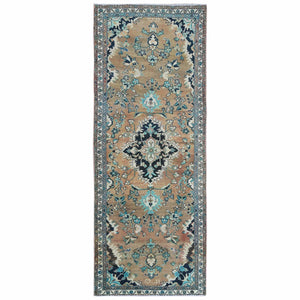 3'6"x9'1" Apricot Color with Touches of Blue Vintage Medallion Design Persian Lilahan Sheared Low Pure Wool Clean Hand Knotted Oriental Wide Runner Rug FWR366018