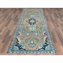 Load image into Gallery viewer, 3&#39;6&quot;x9&#39;1&quot; Apricot Color with Touches of Blue Vintage Medallion Design Persian Lilahan Sheared Low Pure Wool Clean Hand Knotted Oriental Wide Runner Rug FWR366018