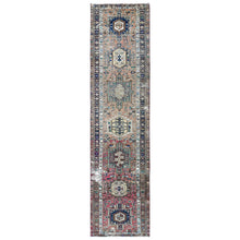 Load image into Gallery viewer, 3&#39;1&quot;x12&#39;7&quot; Vintage Worn Down Peach Color with Red Geometric Medallions Persian Karajeh Clean Abrash Distressed Hand Knotted Pure Wool Oriental Runner Rug FWR366048