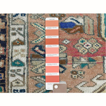 Load image into Gallery viewer, 3&#39;1&quot;x12&#39;7&quot; Vintage Worn Down Peach Color with Red Geometric Medallions Persian Karajeh Clean Abrash Distressed Hand Knotted Pure Wool Oriental Runner Rug FWR366048