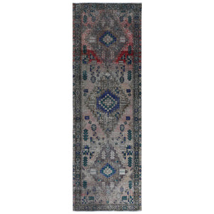 3'8"x11'2" Semi Antique Worn Down Persian Hamadan with Earth Tone Colors Clean Abrash Organic Wool Distressed Hand Knotted Wide Runner Oriental Rug FWR366072