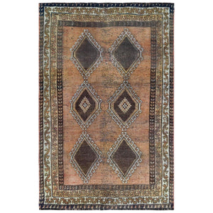 4'8"x7' Peach Color Persian Shiraz with Brown Medallions Hand Knotted Pure Wool Vintage Sheared Low Clean Oriental Rug FWR366456