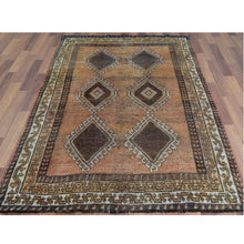 Load image into Gallery viewer, 4&#39;8&quot;x7&#39; Peach Color Persian Shiraz with Brown Medallions Hand Knotted Pure Wool Vintage Sheared Low Clean Oriental Rug FWR366456