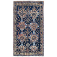 Load image into Gallery viewer, 3&#39;10&quot;x&#39;7&#39; Navy Blue Vintage Worn Down Persian Qashqai Clean Distressed Hand Knotted Natural Wool Oriental Rug FWR366546