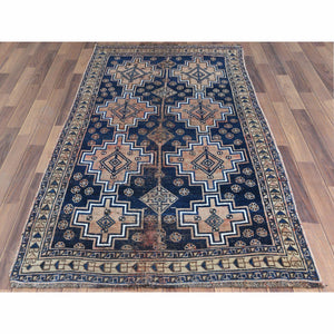 3'10"x'7' Navy Blue Vintage Worn Down Persian Qashqai Clean Distressed Hand Knotted Natural Wool Oriental Rug FWR366546
