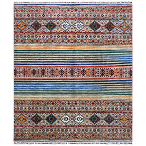 8'5"x10" Hand Knotted Taupe Super Kazak with Colorful Tassels Khorjin Design Natural Wool Oriental Rug FWR366774