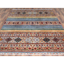 Load image into Gallery viewer, 8&#39;5&quot;x10&quot; Hand Knotted Taupe Super Kazak with Colorful Tassels Khorjin Design Natural Wool Oriental Rug FWR366774