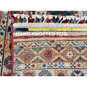 8'5"x10" Hand Knotted Taupe Super Kazak with Colorful Tassels Khorjin Design Natural Wool Oriental Rug FWR366774