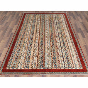 6'5"x9'1" Ivory with Shades of Brown Hand Knotted Shawl Design Super Kazak Soft Organic Wool Oriental Rug FWR366948