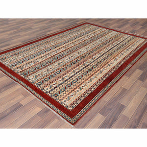 6'5"x9'1" Ivory with Shades of Brown Hand Knotted Shawl Design Super Kazak Soft Organic Wool Oriental Rug FWR366948