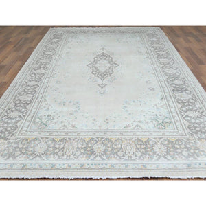 6'9"x10'10" Bohemian Distressed Hand Knotted Washed Out Gray Organic Wool Worn Down Clean Persian Kerman Old Oriental Rug FWR368028