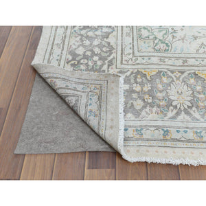 6'9"x10'10" Bohemian Distressed Hand Knotted Washed Out Gray Organic Wool Worn Down Clean Persian Kerman Old Oriental Rug FWR368028