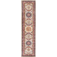Load image into Gallery viewer, 2&#39;7&quot;x10&#39; Ivory Afghan Super Kazak In a Colorful Pattern Shiny Wool Hand Knotted Oriental Runner Rug FWR368700