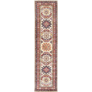 2'7"x10' Ivory Afghan Super Kazak In a Colorful Pattern Shiny Wool Hand Knotted Oriental Runner Rug FWR368700