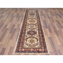 Load image into Gallery viewer, 2&#39;7&quot;x10&#39; Ivory Afghan Super Kazak In a Colorful Pattern Shiny Wool Hand Knotted Oriental Runner Rug FWR368700