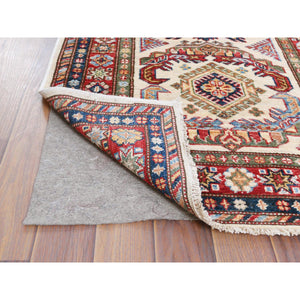 2'7"x10' Ivory Afghan Super Kazak In a Colorful Pattern Shiny Wool Hand Knotted Oriental Runner Rug FWR368700