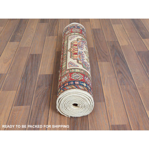 2'7"x10' Ivory Afghan Super Kazak In a Colorful Pattern Shiny Wool Hand Knotted Oriental Runner Rug FWR368700