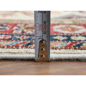 2'7"x10' Ivory Afghan Super Kazak In a Colorful Pattern Shiny Wool Hand Knotted Oriental Runner Rug FWR368700