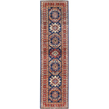 Load image into Gallery viewer, 2&#39;10&quot;x11&#39; Shiny Wool Hand Knotted Navy Blue Afghan Super Kazak with Tribal Medallions Design Oriental Runner Rug FWR368712