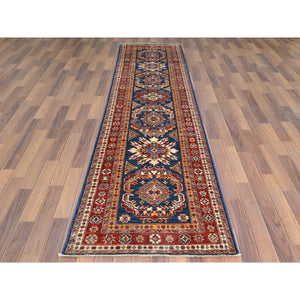 2'10"x11' Shiny Wool Hand Knotted Navy Blue Afghan Super Kazak with Tribal Medallions Design Oriental Runner Rug FWR368712
