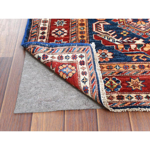 2'10"x11' Shiny Wool Hand Knotted Navy Blue Afghan Super Kazak with Tribal Medallions Design Oriental Runner Rug FWR368712