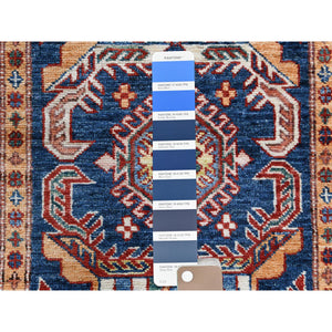 2'10"x11' Shiny Wool Hand Knotted Navy Blue Afghan Super Kazak with Tribal Medallions Design Oriental Runner Rug FWR368712