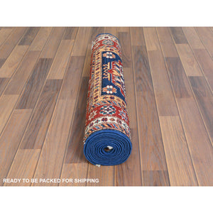2'10"x11' Shiny Wool Hand Knotted Navy Blue Afghan Super Kazak with Tribal Medallions Design Oriental Runner Rug FWR368712