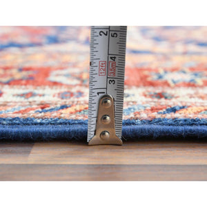 2'10"x11' Shiny Wool Hand Knotted Navy Blue Afghan Super Kazak with Tribal Medallions Design Oriental Runner Rug FWR368712