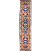 Load image into Gallery viewer, 2&#39;6&quot;x11&#39; Hand Knotted Navy Blue Afghan Super Kazak with Bold Colors Soft and Pliable Wool Oriental Runner Rug FWR368736